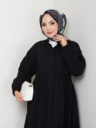 Kadın Düğmeli Kat Detaylı Siyah Keten Elbise