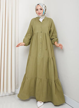 Kadın Düğmeli Kat Detaylı Haki Keten Elbise