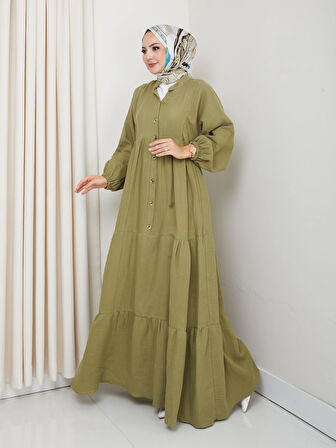 Kadın Düğmeli Kat Detaylı Haki Keten Elbise