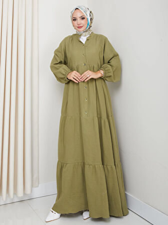 Kadın Düğmeli Kat Detaylı Haki Keten Elbise
