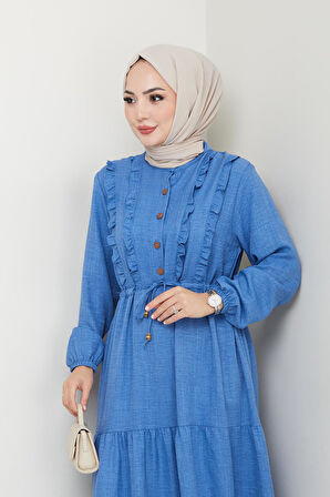 Kadın Fırfır Detaylı Düğmeli Mavi Keten Elbise
