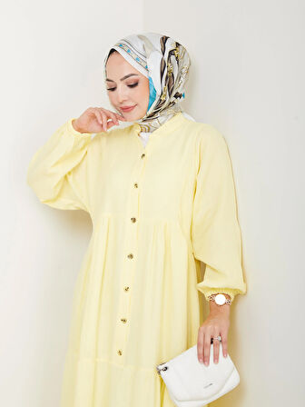 Kadın Düğmeli Kat Detaylı Sarı Keten Elbise