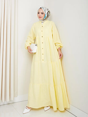 Kadın Düğmeli Kat Detaylı Sarı Keten Elbise