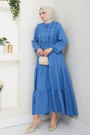 Kadın Fırfır Detaylı Düğmeli Mavi Keten Elbise