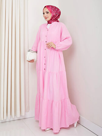 Kadın Düğmeli Kat Detaylı Pembe Keten Elbise