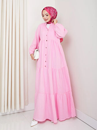 Kadın Düğmeli Kat Detaylı Pembe Keten Elbise
