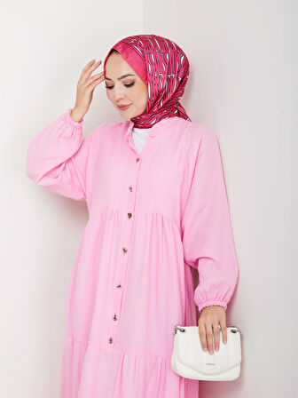 Kadın Düğmeli Kat Detaylı Pembe Keten Elbise