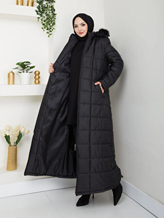Kadın Kapüşonlu Uzun Siyah Kapitone Şişme Mont