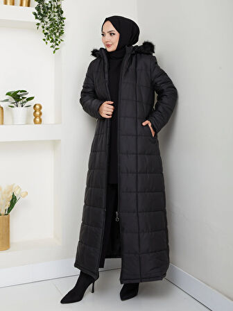 Kadın Kapüşonlu Uzun Siyah Kapitone Şişme Mont