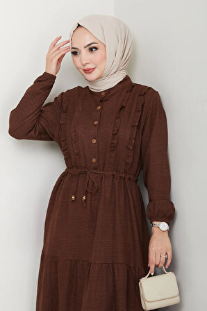 Kadın Fırfır Detaylı Düğmeli Kahverengi Keten Elbise