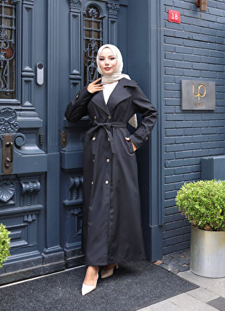 Kadın Kuşaklı Çift Düğmeli Astarlı Bondit Siyah Trençkot