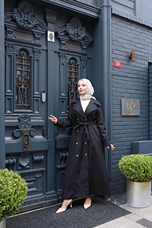 Kadın Kuşaklı Çift Düğmeli Astarlı Bondit Siyah Trençkot