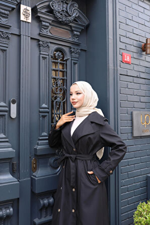 Kadın Kuşaklı Çift Düğmeli Astarlı Bondit Siyah Trençkot