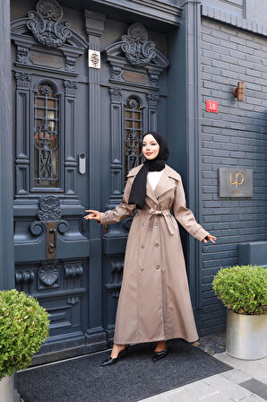 Kadın Kuşaklı Çift Düğmeli Astarlı Bondit Bej Trençkot