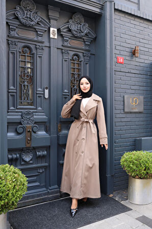 Kadın Kuşaklı Çift Düğmeli Astarlı Bondit Bej Trençkot