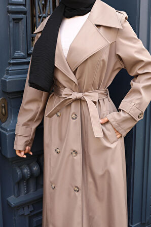 Kadın Kuşaklı Çift Düğmeli Astarlı Bondit Bej Trençkot