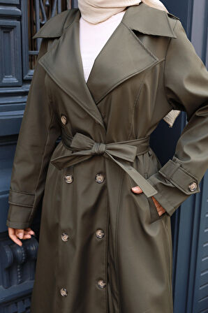 Kadın Kuşaklı Çift Düğmeli Astarlı Bondit Haki Trençkot