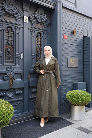 Kadın Kuşaklı Çift Düğmeli Astarlı Bondit Haki Trençkot