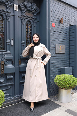 Kadın Kuşaklı Çift Düğmeli Astarlı Bondit Vizon Trençkot