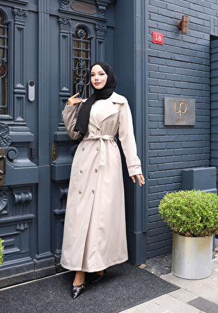 Kadın Kuşaklı Çift Düğmeli Astarlı Bondit Vizon Trençkot