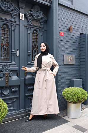 Kadın Kuşaklı Çift Düğmeli Astarlı Bondit Vizon Trençkot