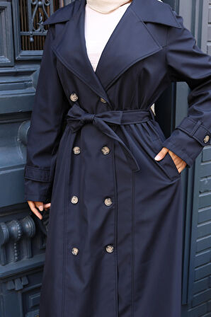 Kadın Kuşaklı Çift Düğmeli Astarlı Bondit Lacivert Trençkot