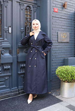 Kadın Kuşaklı Çift Düğmeli Astarlı Bondit Lacivert Trençkot