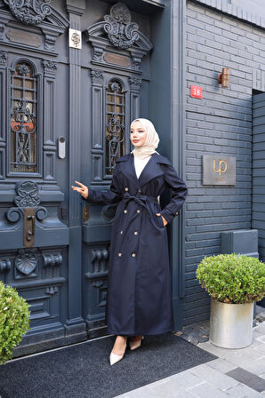 Kadın Kuşaklı Çift Düğmeli Astarlı Bondit Lacivert Trençkot