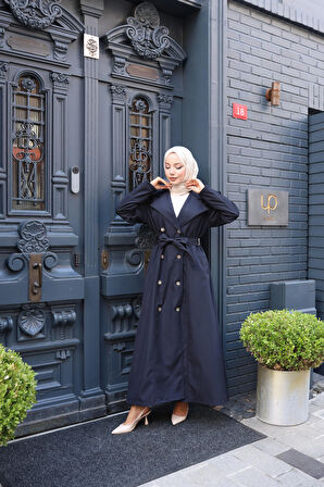 Kadın Kuşaklı Çift Düğmeli Astarlı Bondit Lacivert Trençkot