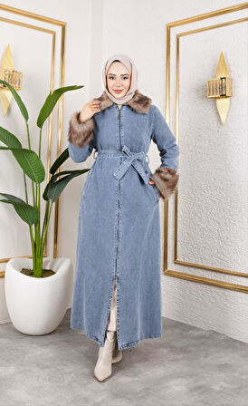 Kadın Kürk Detaylı Kuşaklı Astarlı Mavi Kap