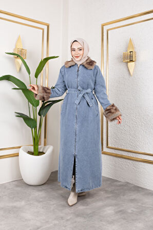 Kadın Kürk Detaylı Kuşaklı Astarlı Mavi Kap