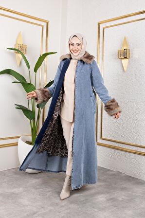 Kadın Kürk Detaylı Kuşaklı Astarlı Mavi Kap