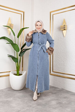 Kadın Kürk Detaylı Kuşaklı Astarlı Mavi Kap