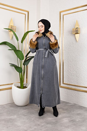 Kadın Kürk Detaylı Kuşaklı Astarlı Siyah Kap