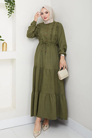 Kadın Fırfır Detaylı Düğmeli Haki Keten Elbise