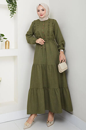 Kadın Fırfır Detaylı Düğmeli Haki Keten Elbise