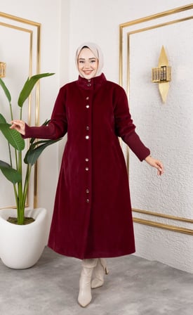 Kadın Astarlı Angora Düğmeli Bordo Kaban