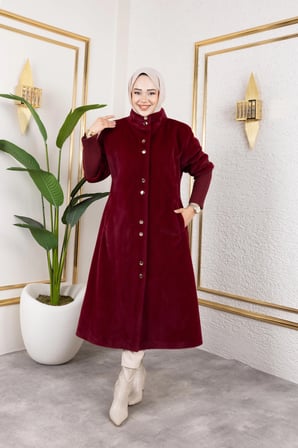 Kadın Astarlı Angora Düğmeli Bordo Kaban