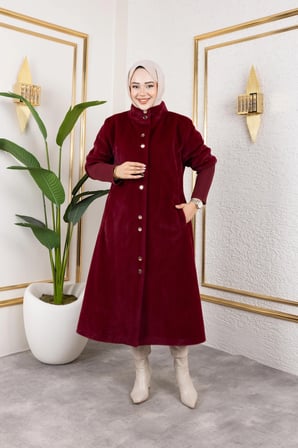 Kadın Astarlı Angora Düğmeli Bordo Kaban