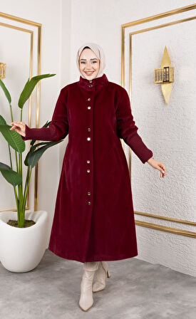 Kadın Astarlı Angora Düğmeli Bordo Kaban