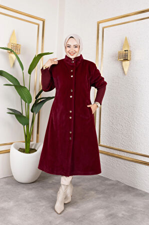 Kadın Astarlı Angora Düğmeli Bordo Kaban