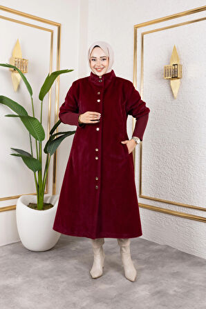 Kadın Astarlı Angora Düğmeli Bordo Kaban
