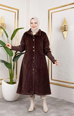 Kadın Astarlı Angora Düğmeli Kahverengi Kaban