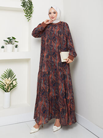 Kadın Astarlı Kahverengi Şifon Şal Desen Elbise