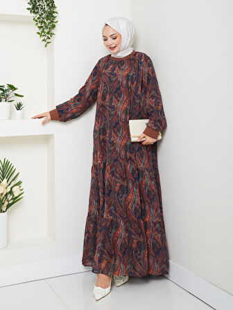 Kadın Astarlı Kahverengi Şifon Şal Desen Elbise