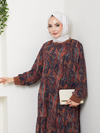 Kadın Astarlı Kahverengi Şifon Şal Desen Elbise