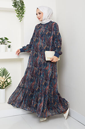 Kadın Astarlı Lacivert Şifon Şal Desen Elbise