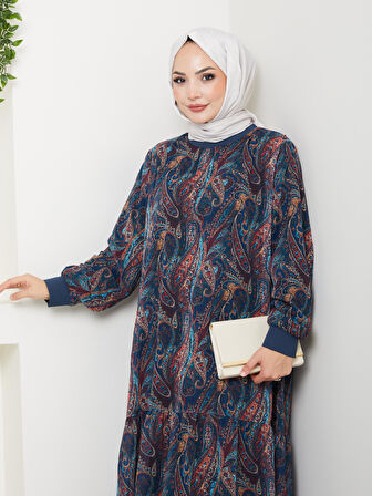 Kadın Astarlı Lacivert Şifon Şal Desen Elbise