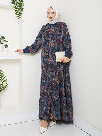 Kadın Astarlı Lacivert Şifon Şal Desen Elbise