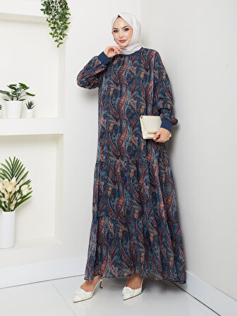 Kadın Astarlı Lacivert Şifon Şal Desen Elbise